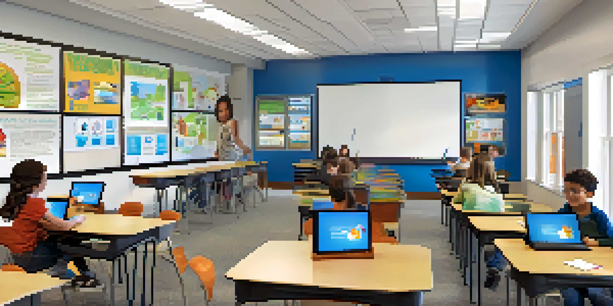 A vibrant and modern classroom in Kansas with students collaborating on tablets and a teacher guiding a discussion, surrounded by interactive learning tools.