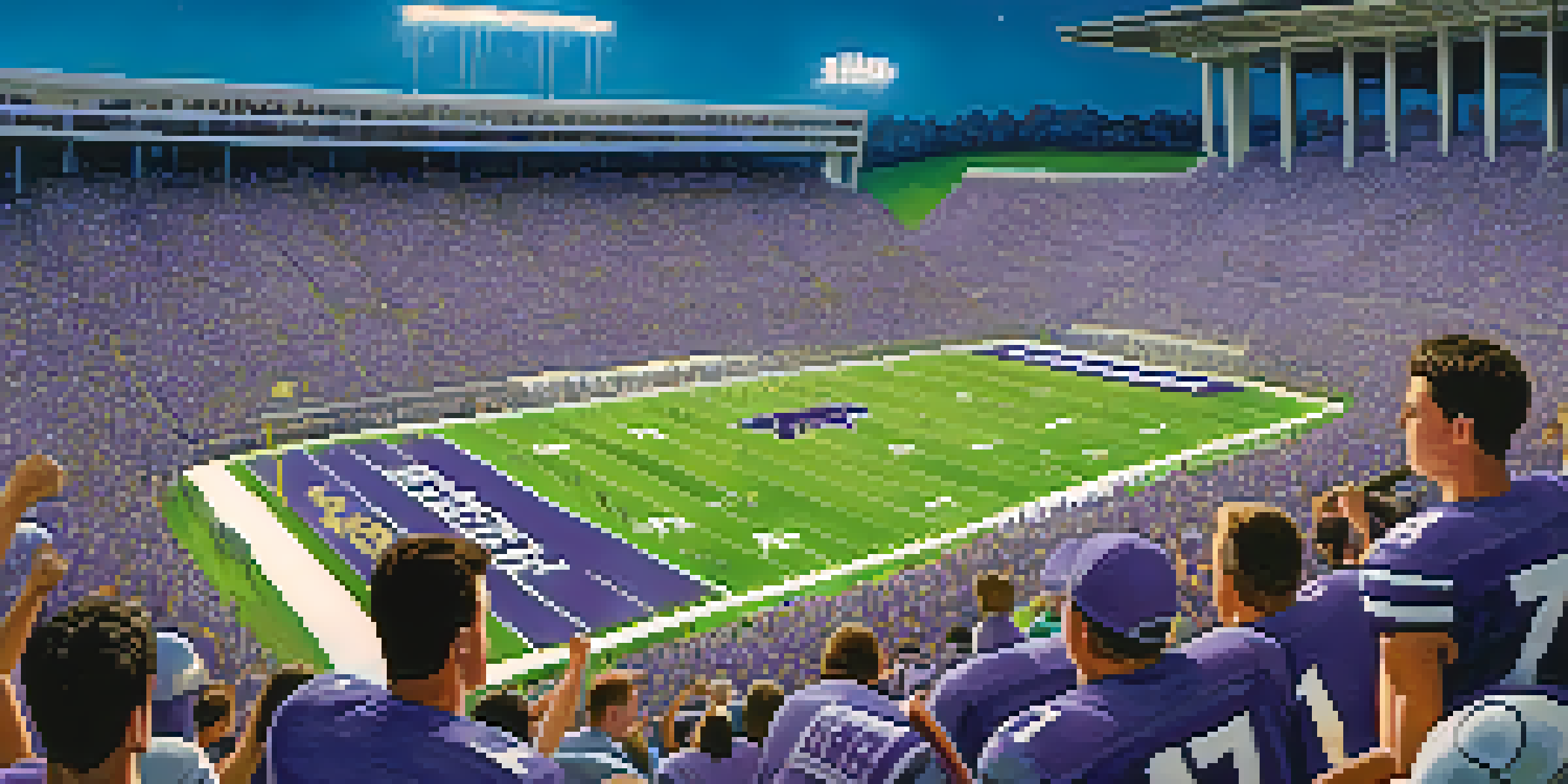 A lively college football game scene with fans in purple cheering, players on the field, and a bright blue sky above.