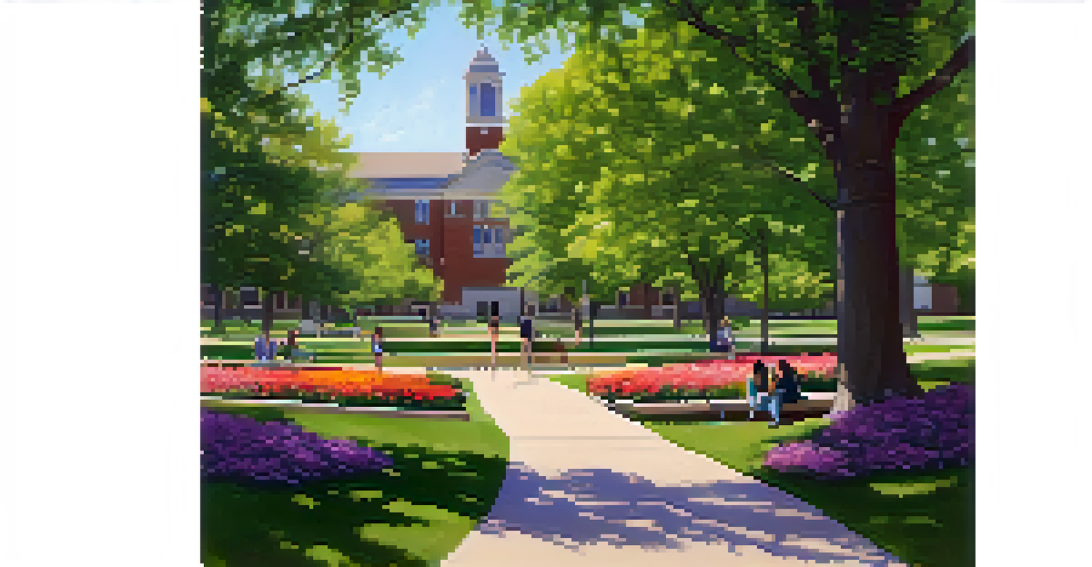 A tranquil green space at Kansas State University with gardens, walking paths, and students relaxing on benches.