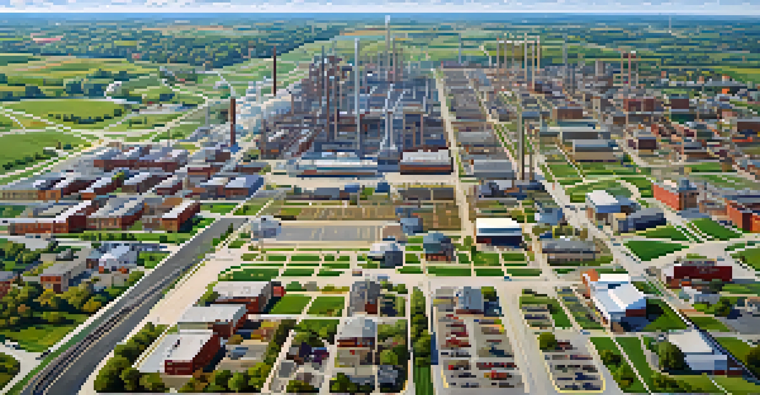 Aerial view of a Kansas city with manufacturing plants and green spaces, showcasing the connection between industry and community.