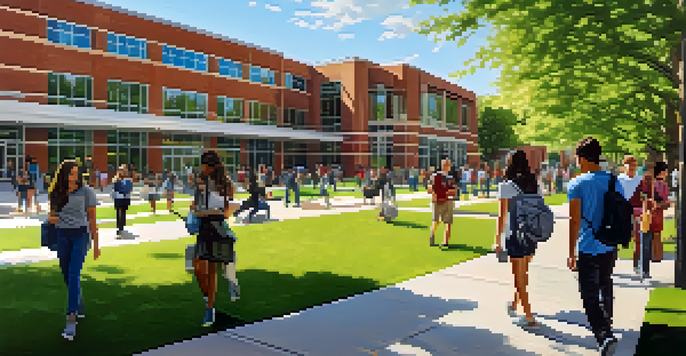 A vibrant community college campus with diverse students engaging in activities, surrounded by modern buildings and greenery.