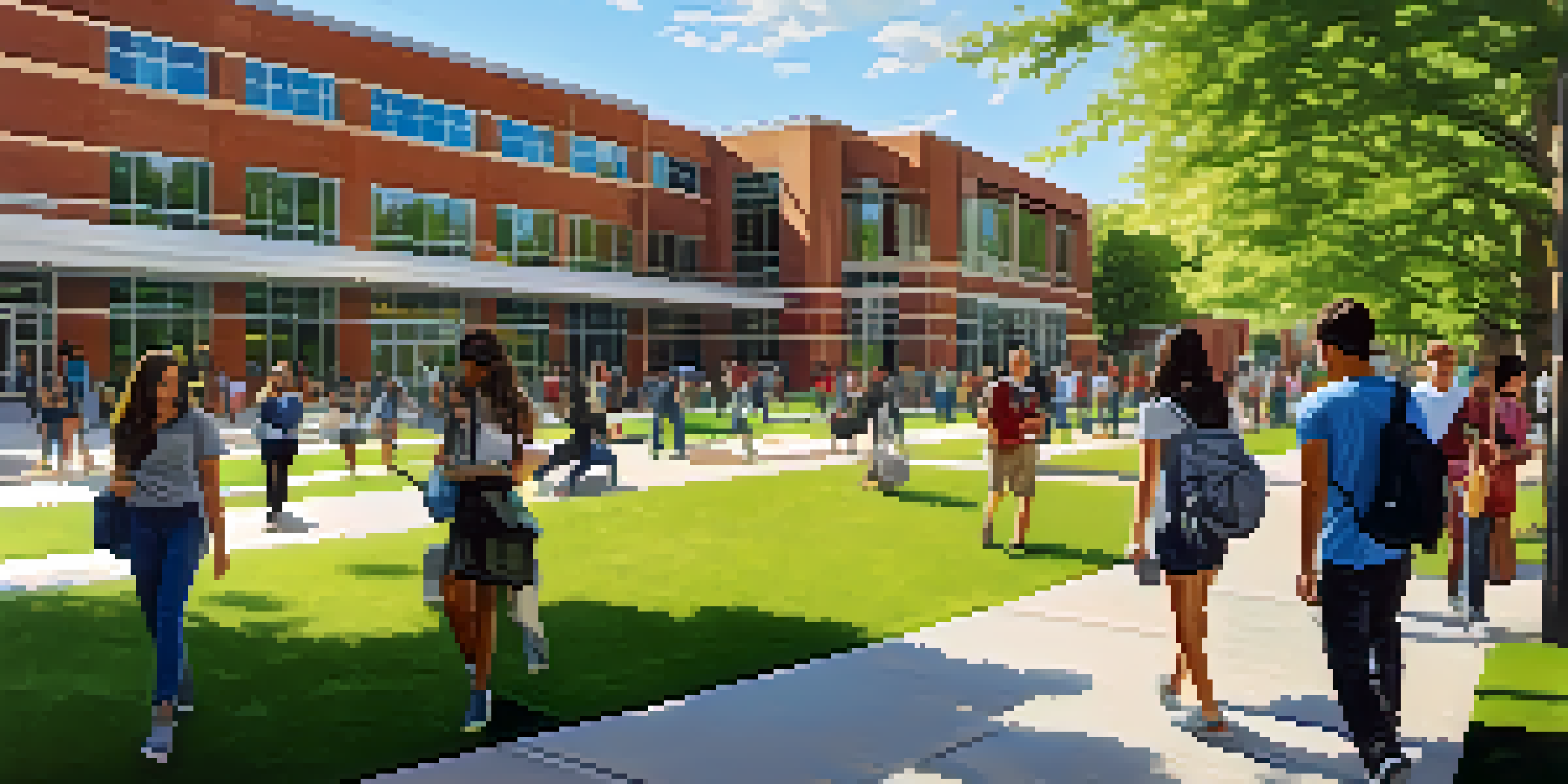 A vibrant community college campus with diverse students engaging in activities, surrounded by modern buildings and greenery.