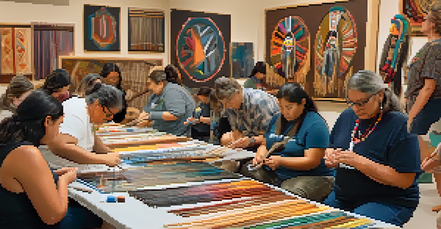 A workshop showcasing Native American art techniques with participants learning beadwork from a Native artist in a colorful environment.