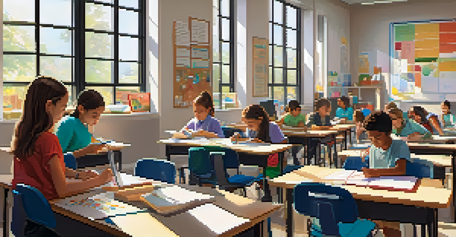 Diverse students in a modern Kansas classroom, collaborating with technology, emphasizing education's role in resilience.