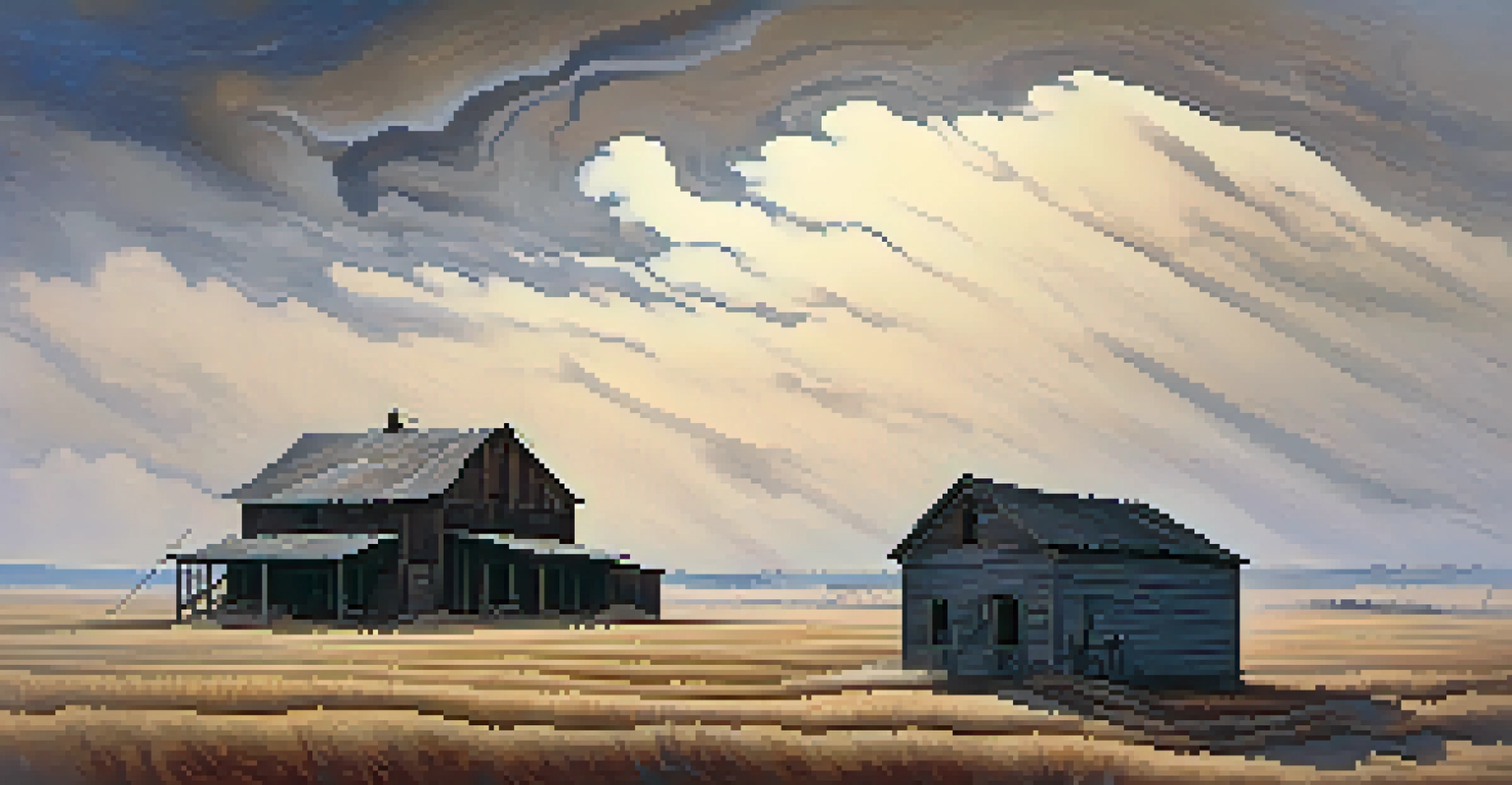 A barren landscape of Kansas during the Dust Bowl, featuring a lone farmhouse and swirling dust clouds in the sky, illustrating the hardships of the era.