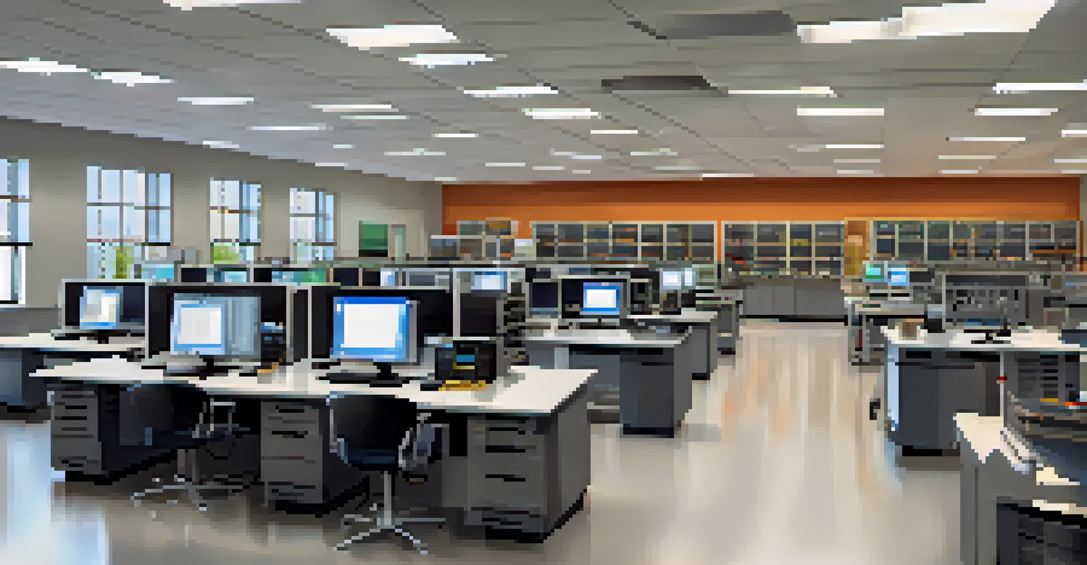 Students working in a modern technical school lab in Kansas, surrounded by advanced technology and equipment for vocational training.