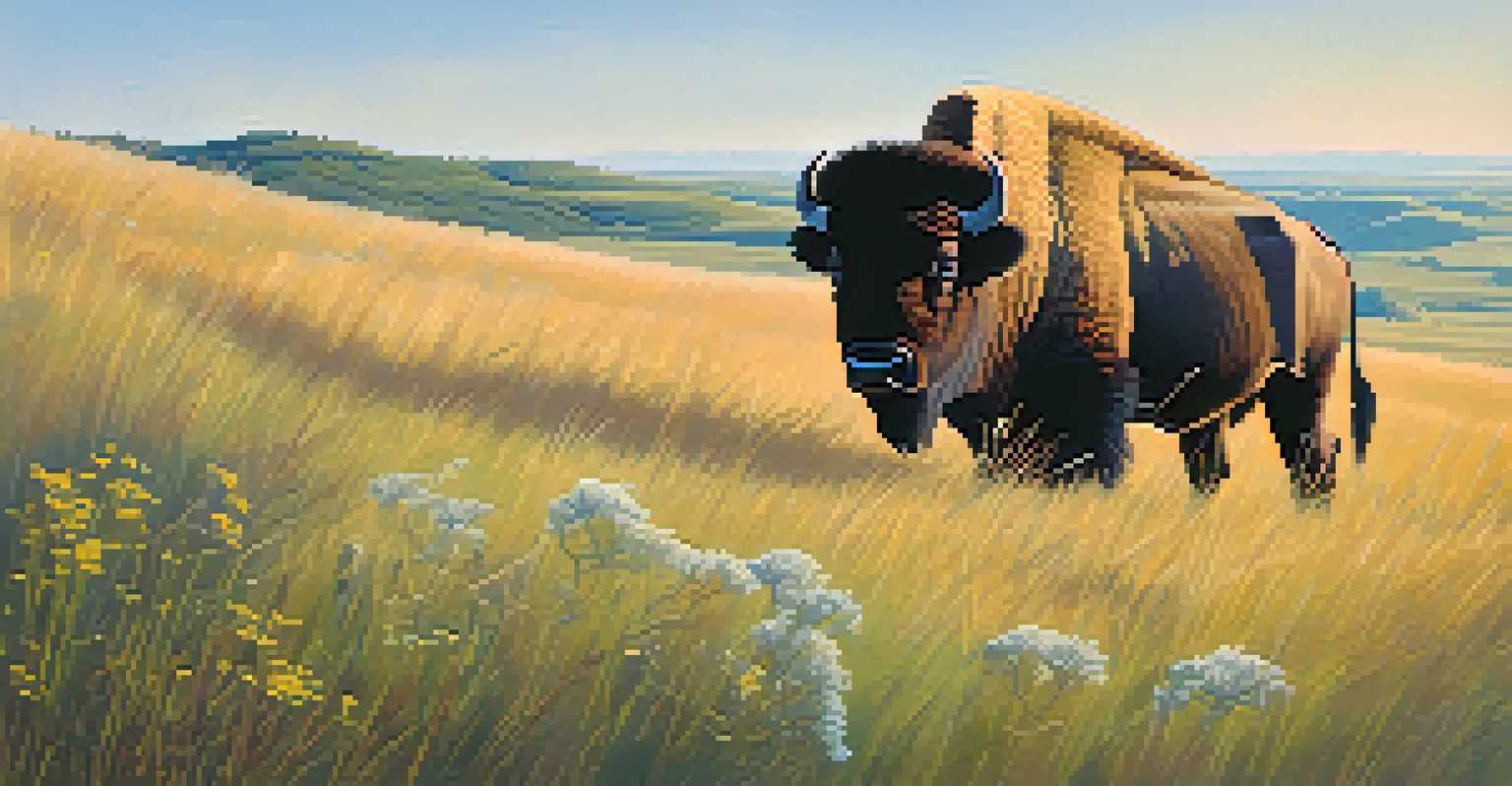 A beautiful view of Tallgrass Prairie National Preserve with rolling hills, blooming wildflowers, and a bison grazing.