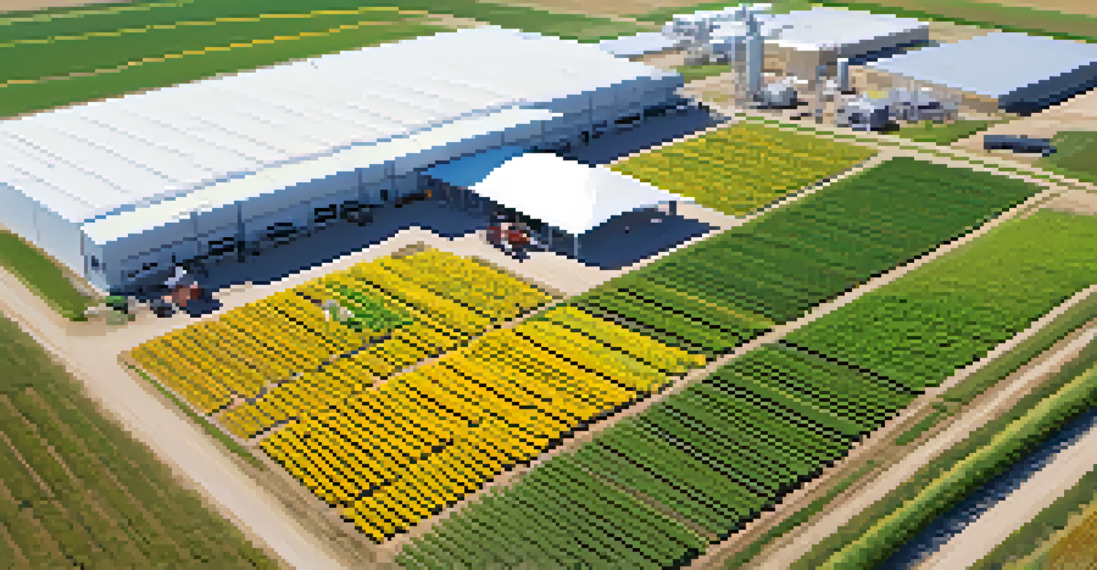 An aerial view of a Kansas agricultural research facility, with diverse crops and researchers using drones.