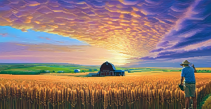 A farmer using a tablet in a golden wheat field at sunset, with a colorful sky and hills in the background.