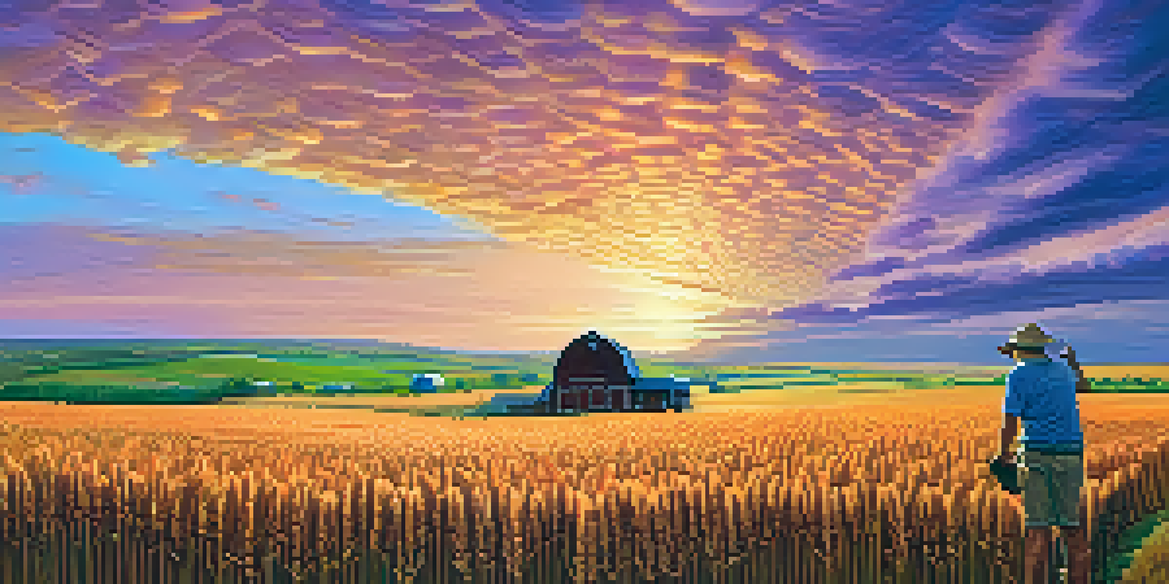 A farmer using a tablet in a golden wheat field at sunset, with a colorful sky and hills in the background.