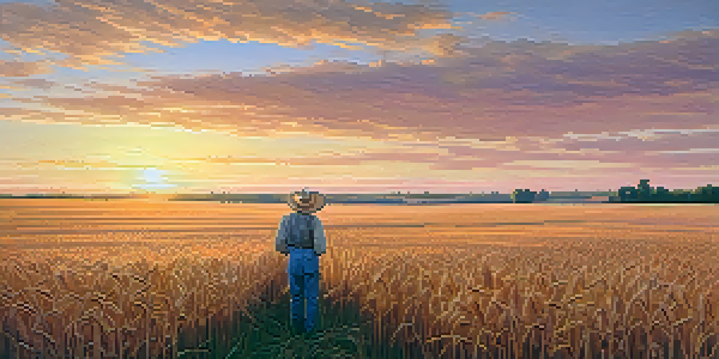 A Kansas wheat field at sunset with a farmer in the foreground, showcasing the beauty of agriculture.