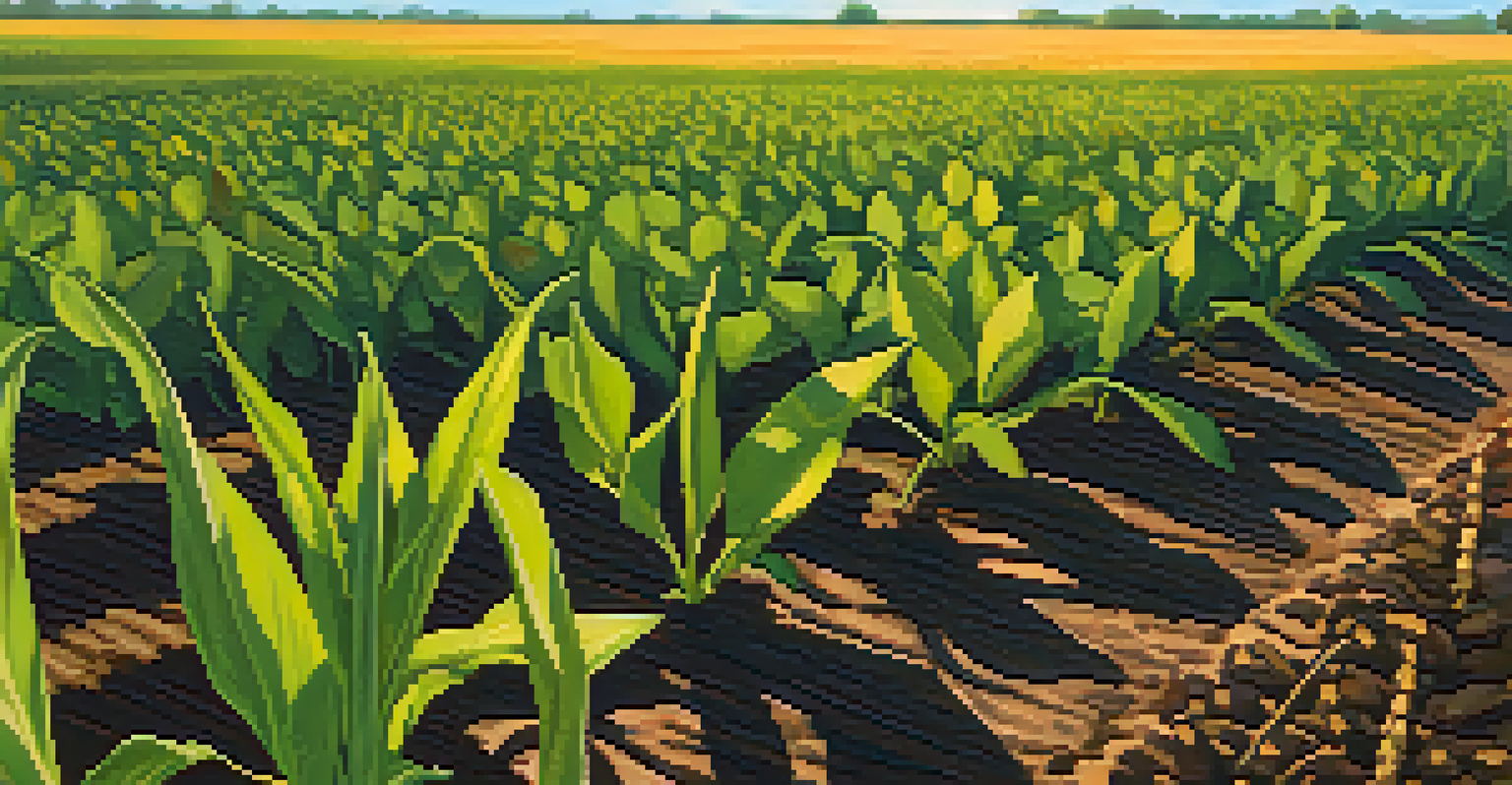 Close-up of diverse crops in a Kansas field with sunlight filtering through leaves.