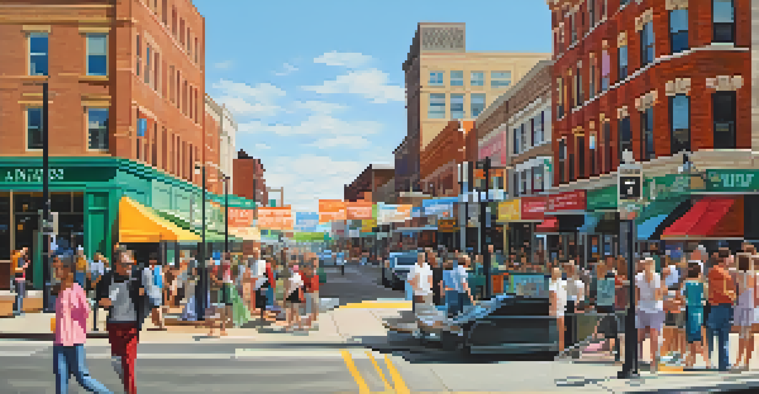 A busy street in Kansas City with diverse people and colorful storefronts.