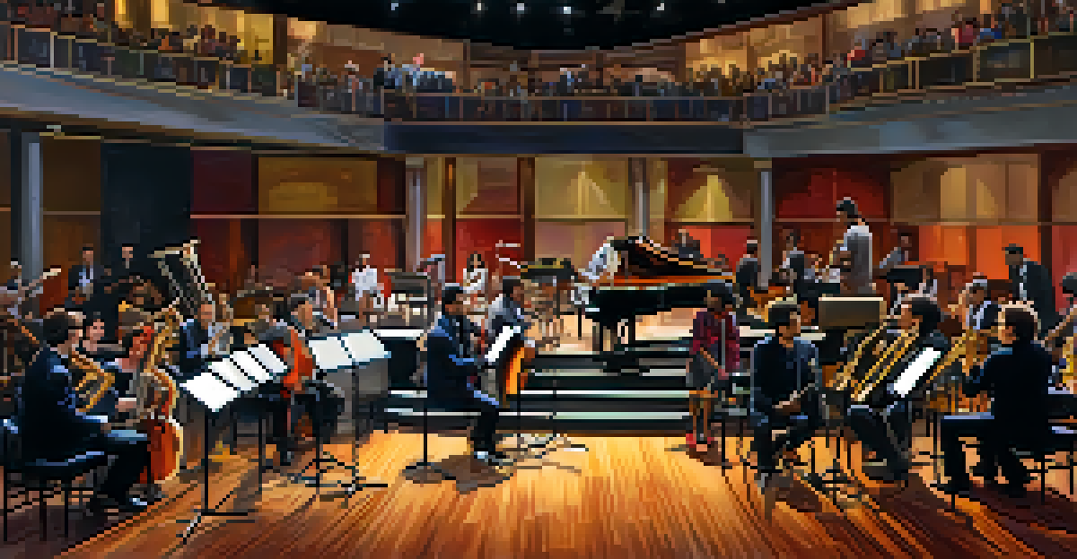 A modern jazz performance at The Atrium with a diverse band and an engaged audience enjoying the music.