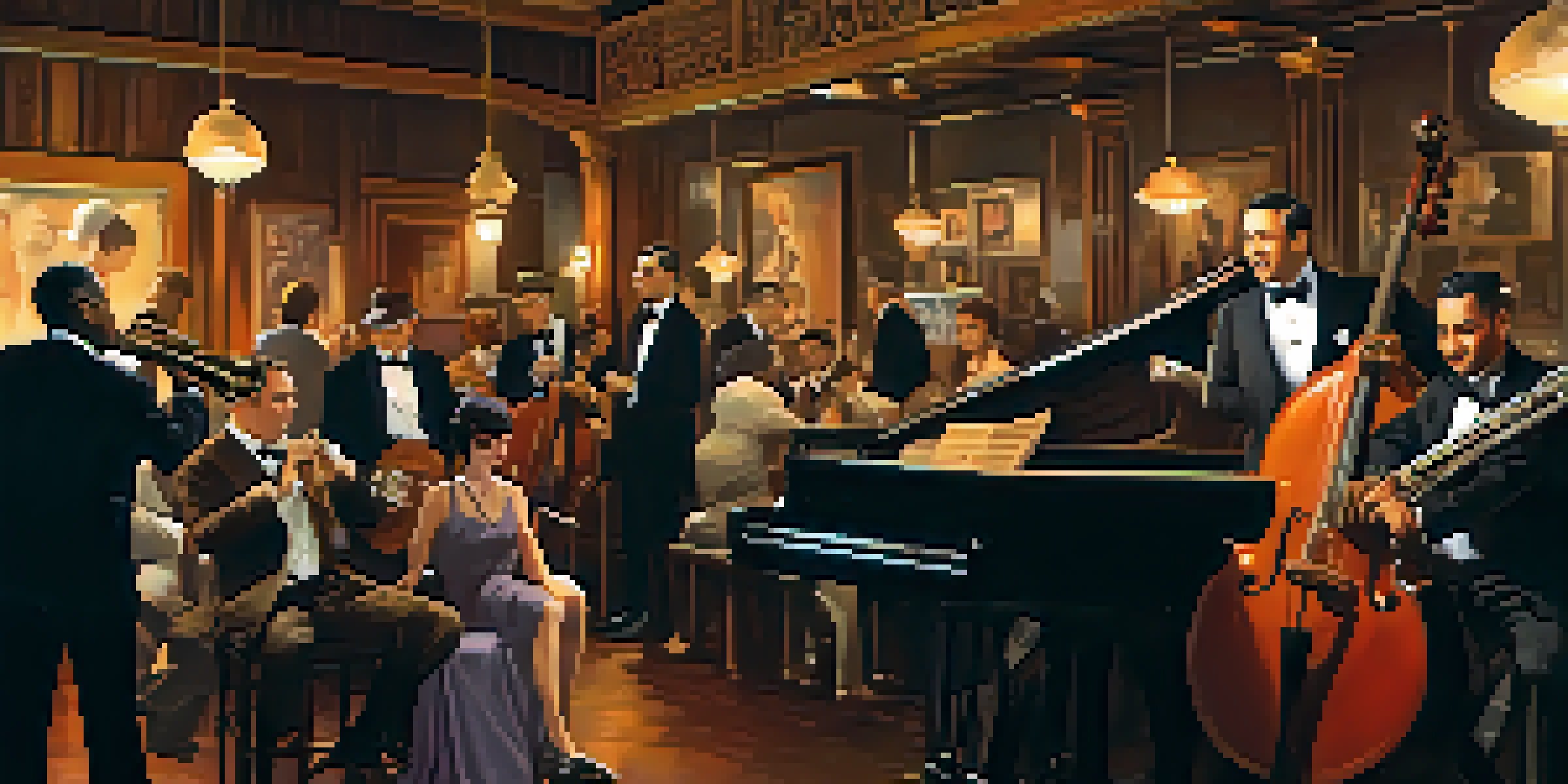 A vibrant jazz club scene from the 1920s in Kansas City, featuring musicians performing on stage and patrons enjoying the lively atmosphere.