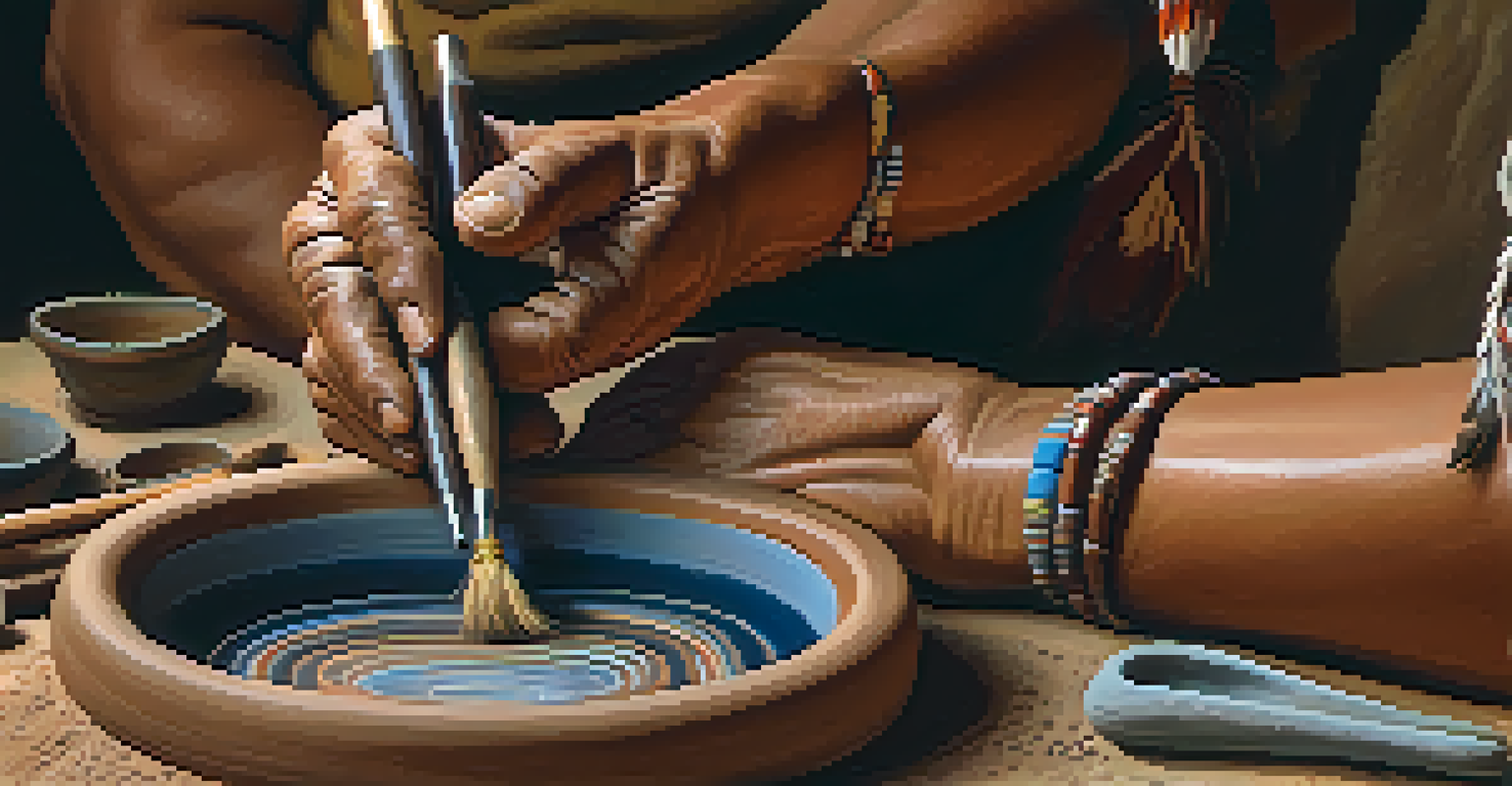 A Native American artisan shaping pottery with decorated pieces in the background.