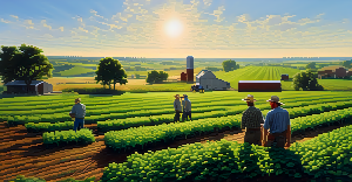 A group of farmers collaborating in a green field in Kansas, discussing crops under a clear blue sky.