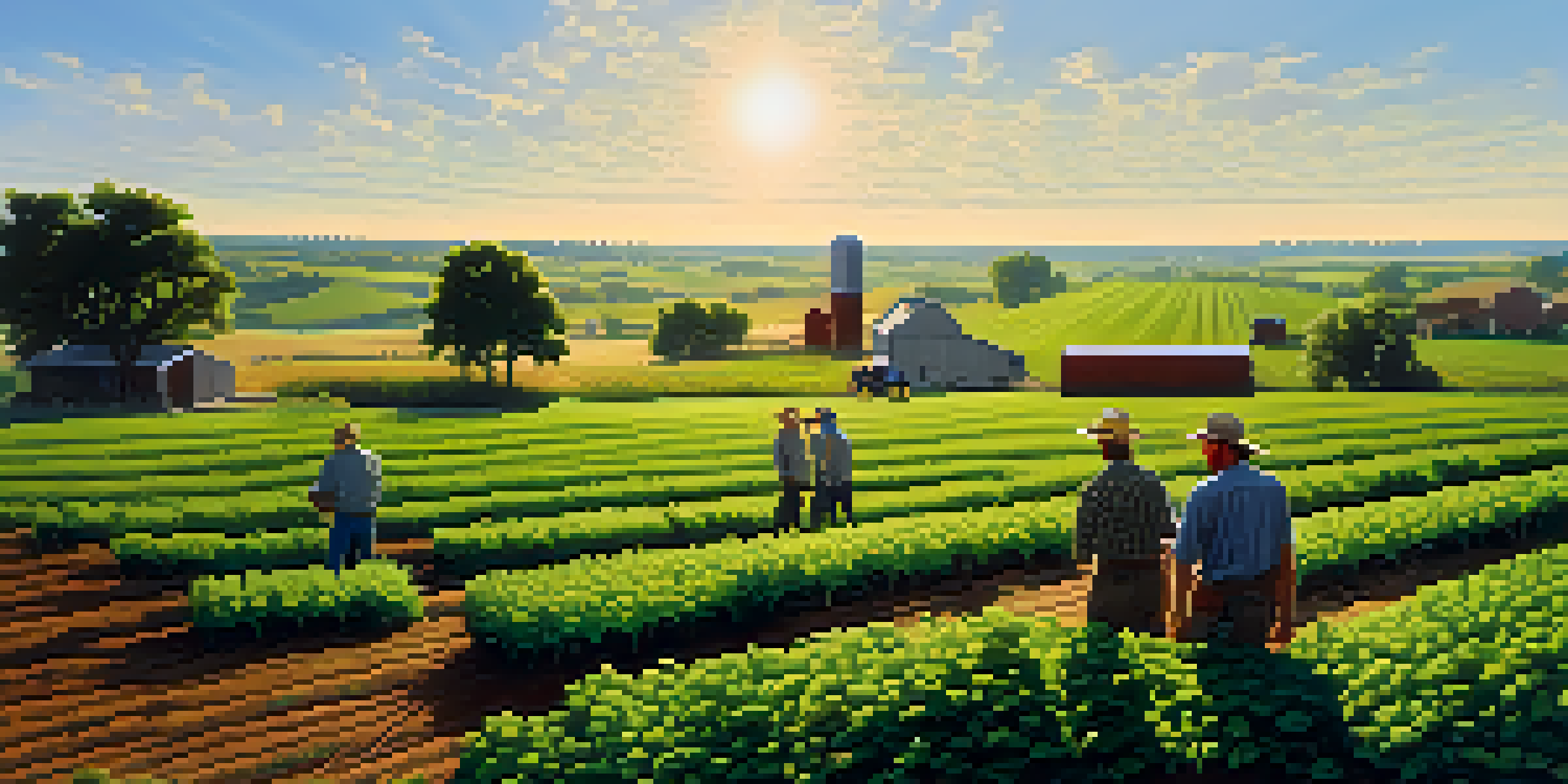 A group of farmers collaborating in a green field in Kansas, discussing crops under a clear blue sky.