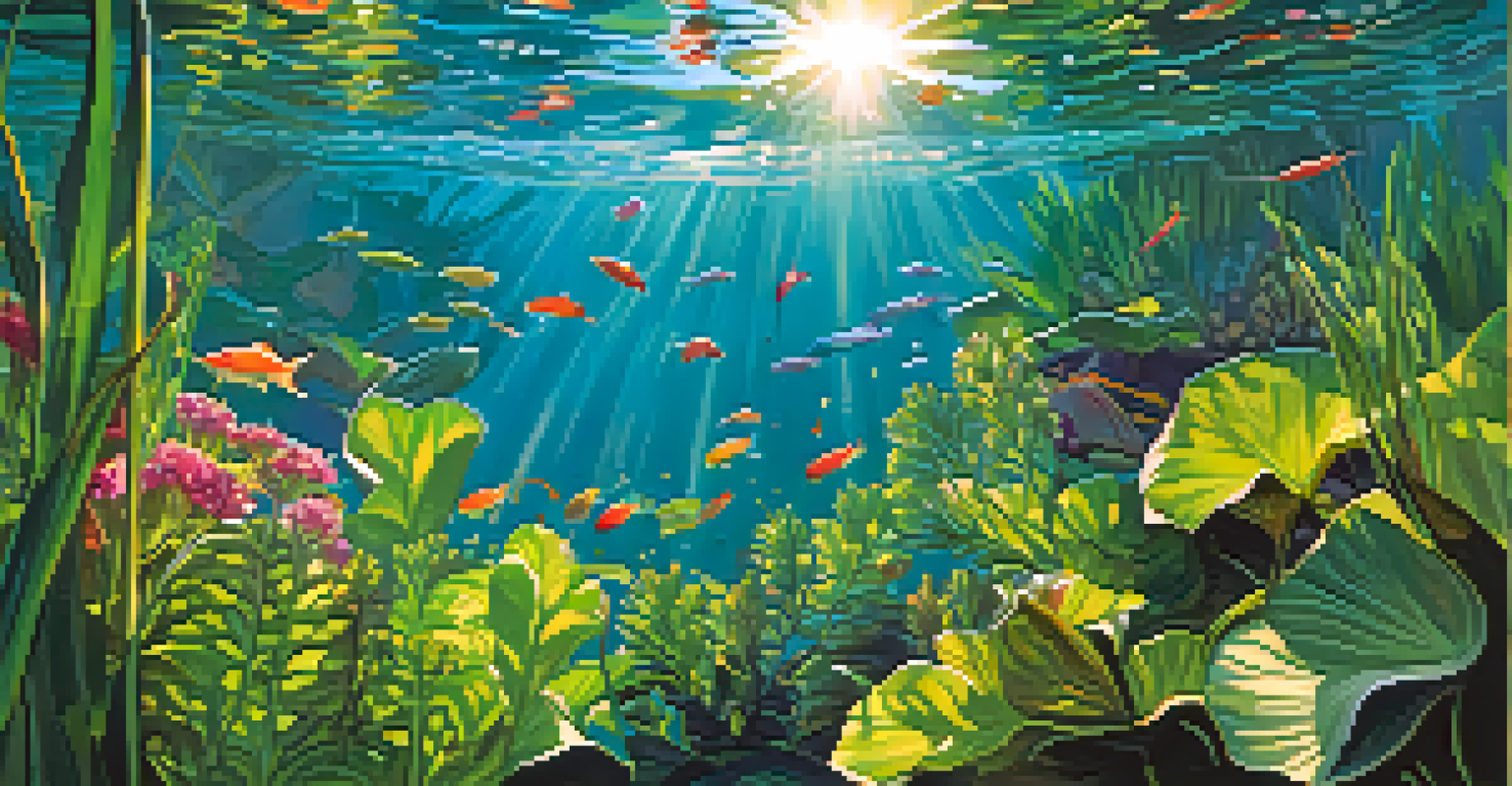 A detailed view of aquatic plants and fish in a Kansas lake, with sunlight creating a colorful underwater environment.