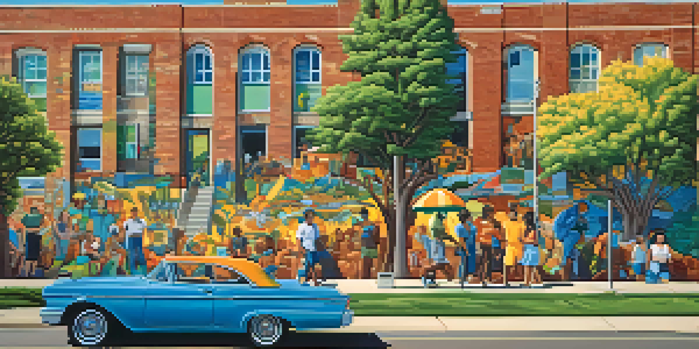A colorful mural on a brick wall showcasing the culture and community of Kansas City with bright images and symbols.