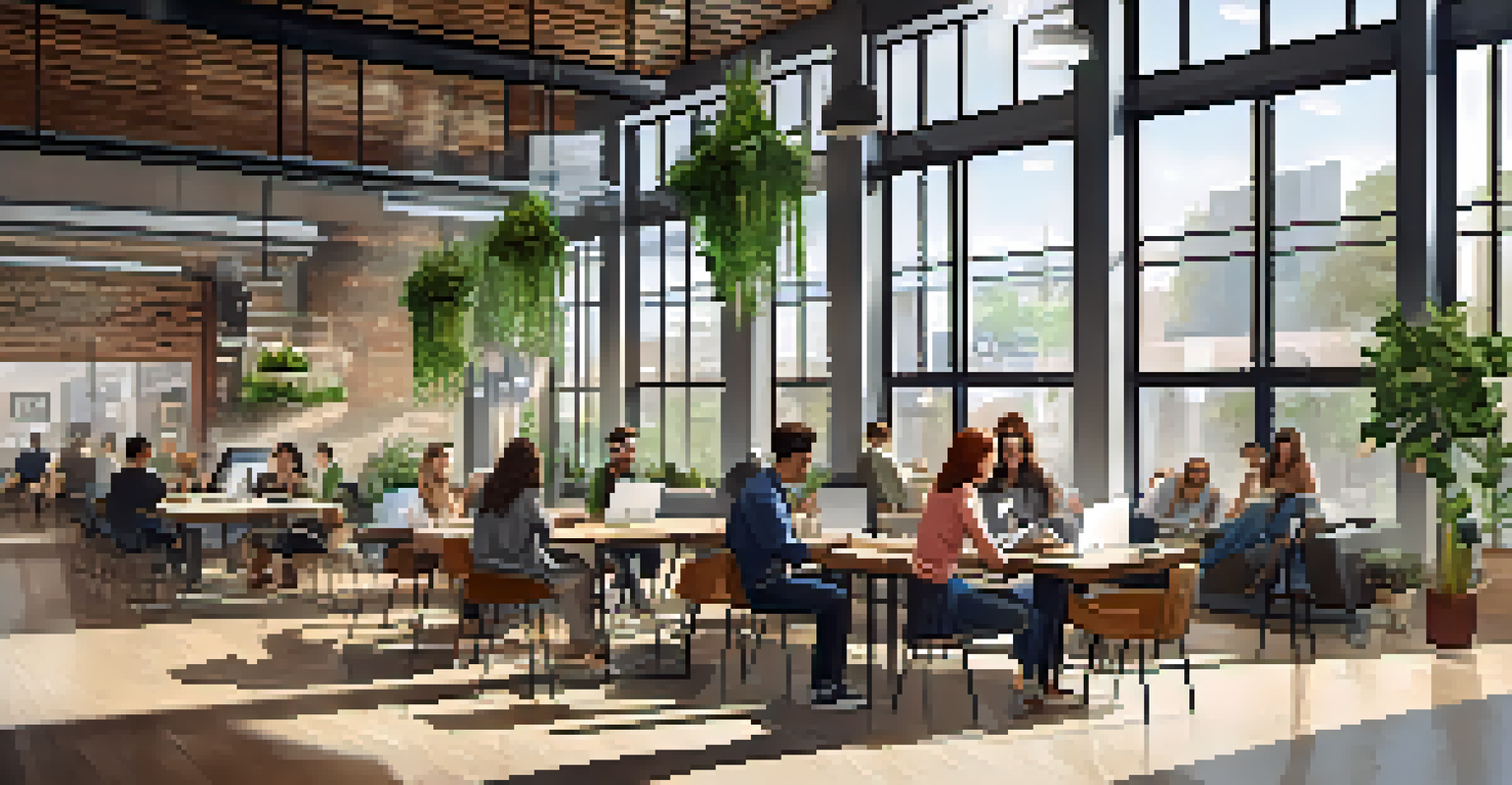 A modern coworking space in Kansas City with diverse individuals collaborating, natural light from large windows, and stylish furniture.