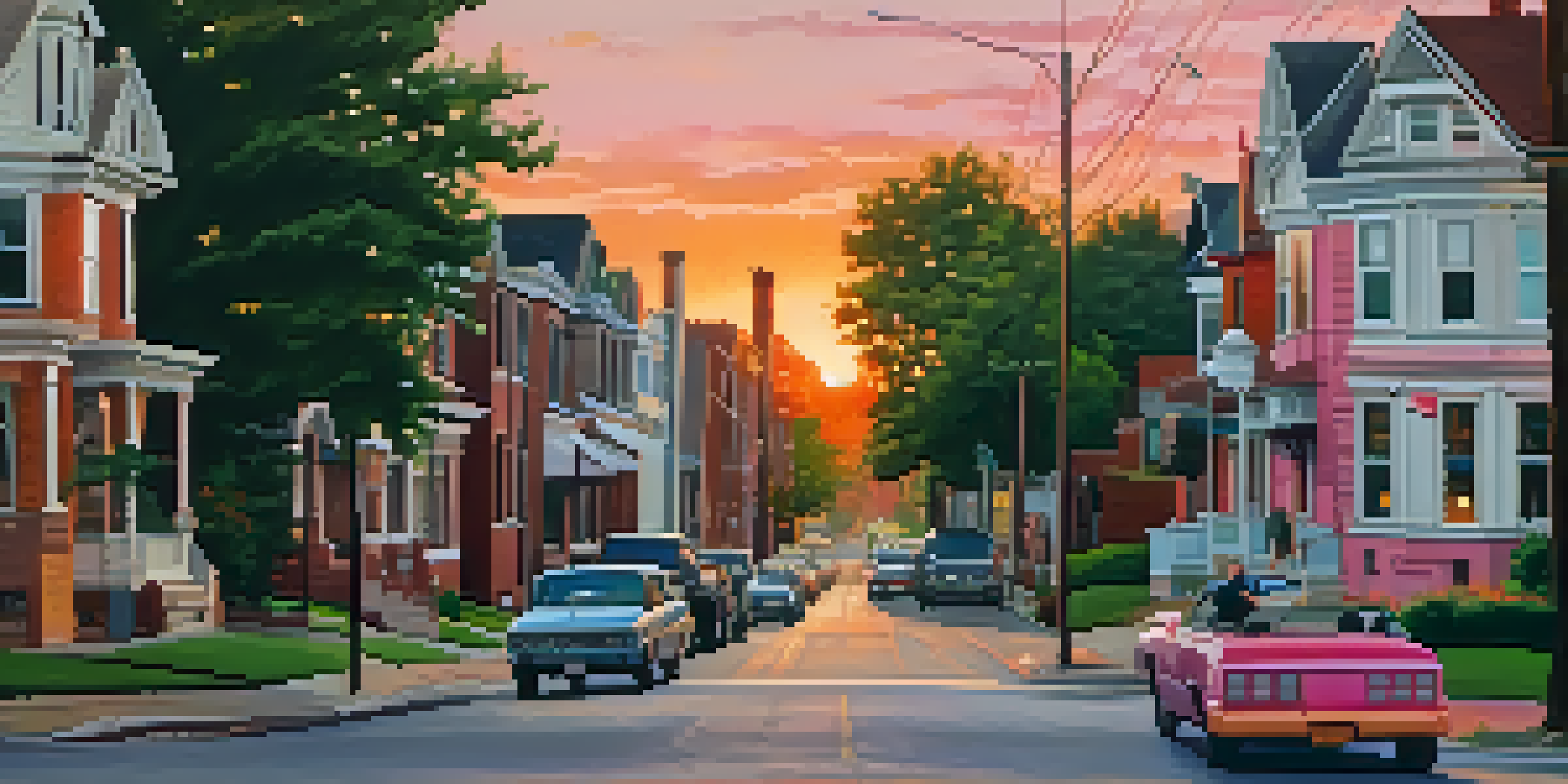 A lively street scene in a Kansas City neighborhood at sunset, with modern and historic homes, people walking, and shops.