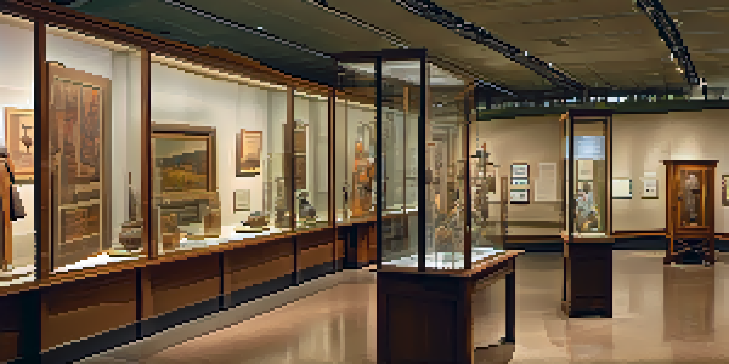 Interior of the Kansas Museum of History featuring Native American artifacts in glass cases, with warm lighting and visitors interacting with exhibits.