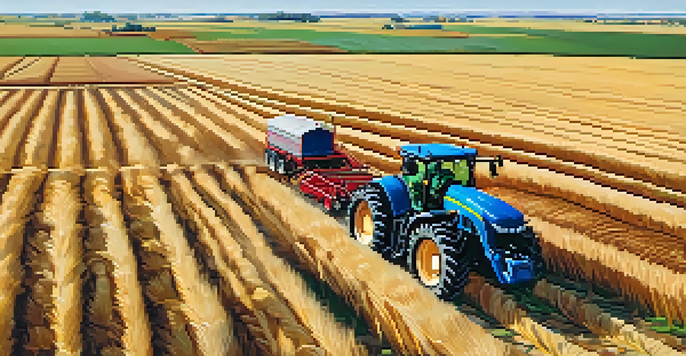 A Kansas landscape with golden wheat fields and a modern tractor using technology, under a bright blue sky.
