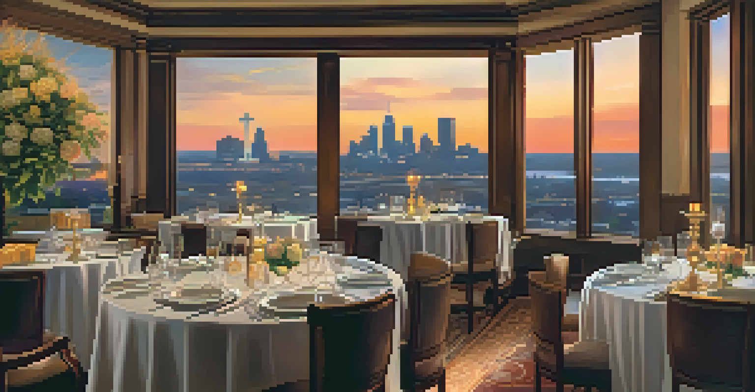 A refined dining table set in The Fontaine's Oak Room, overlooking the Kansas City skyline at sunset, with exquisite food and elegant tableware.