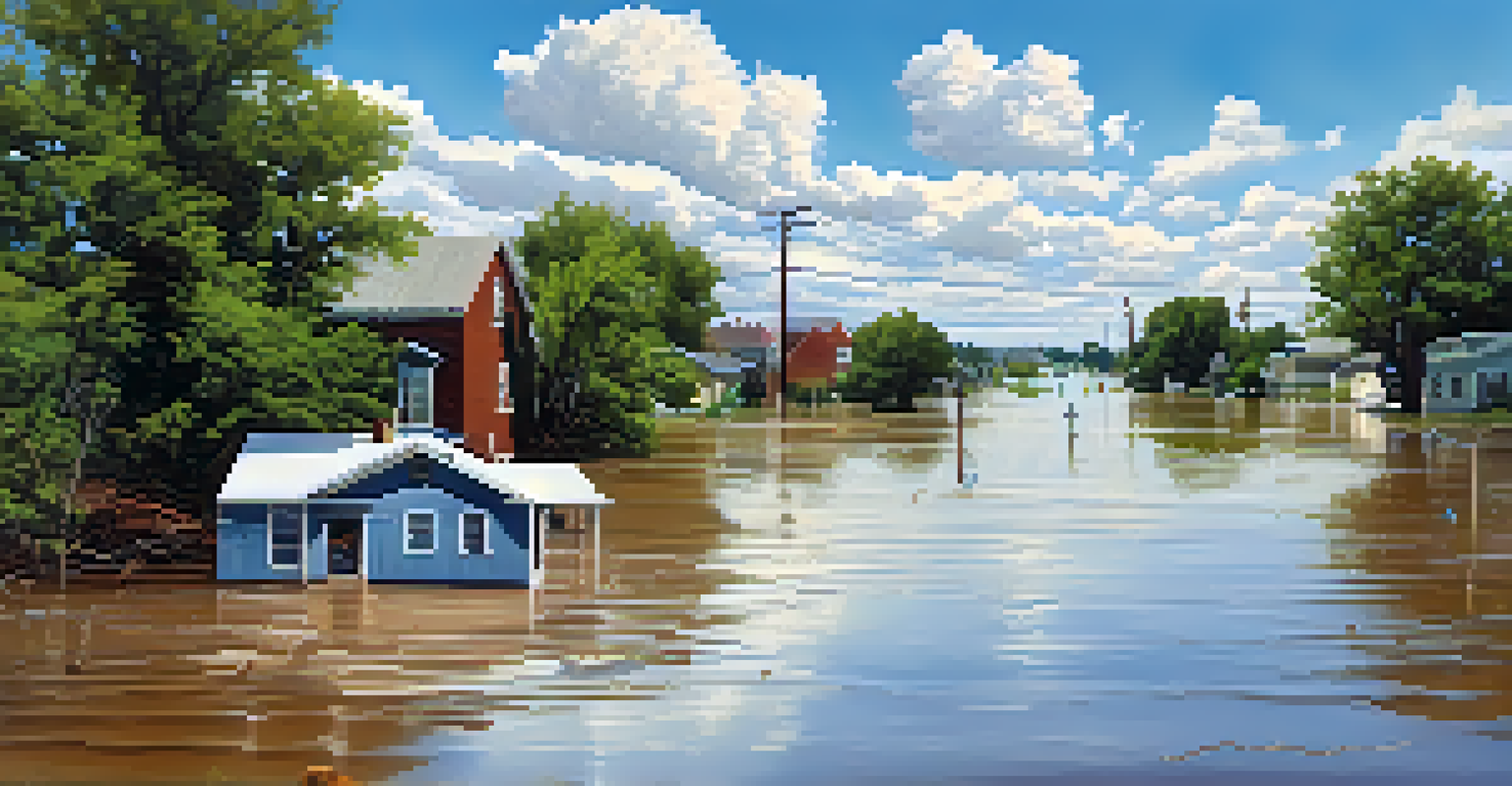 A flooded Kansas landscape with overflowing river waters and community members preparing for the flood.