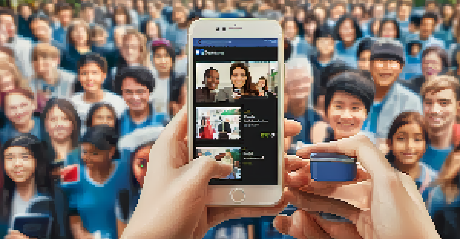 A close-up of hands holding a smartphone with a candidate's social media post about education reform, set against a blurred community gathering.