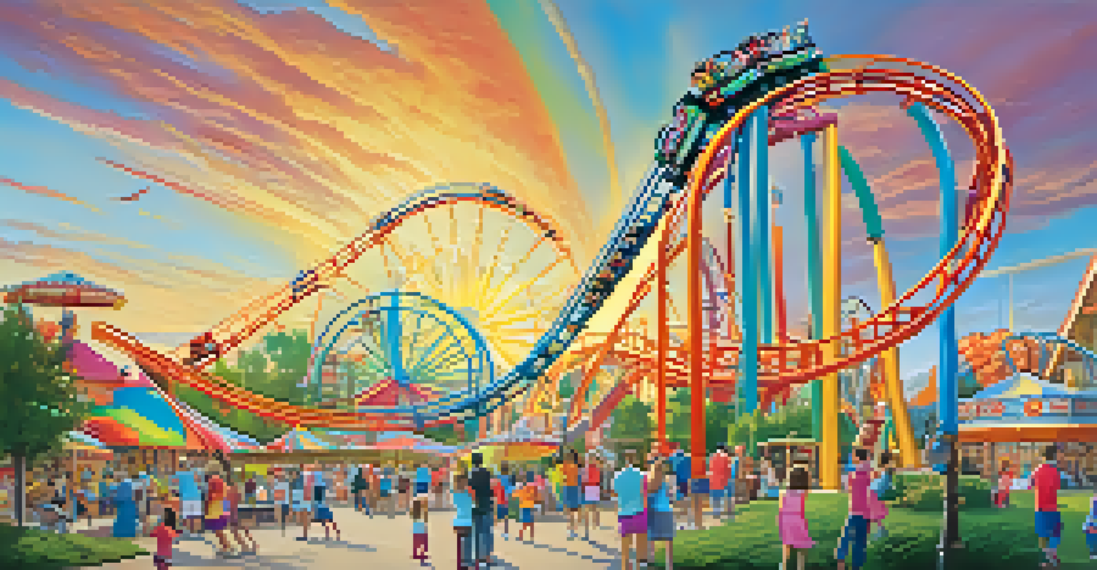 Families enjoying rides at Worlds of Fun Amusement Park, with roller coasters and vibrant attractions in the background.