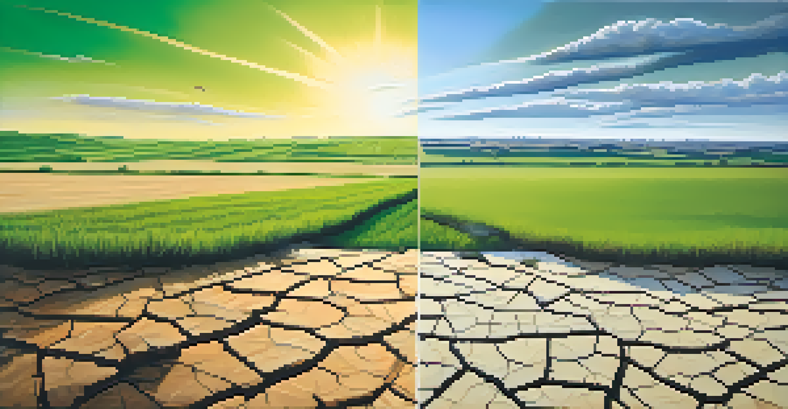 A split image showing the contrasting effects of climate change in Kansas, with a green field alongside a dry, cracked landscape.