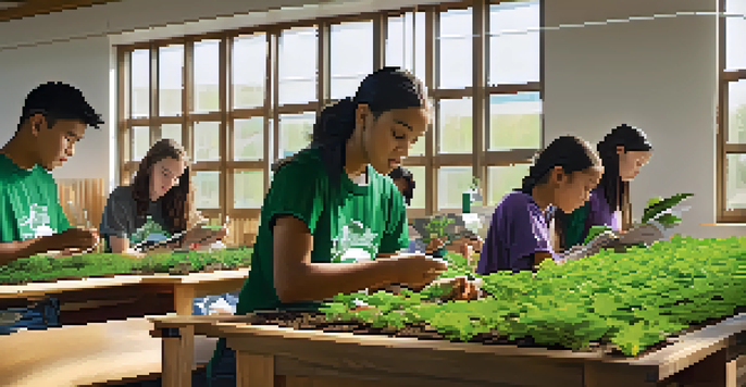 A lively classroom scene at Kansas State University with students studying plants and soil, surrounded by educational posters and natural light.