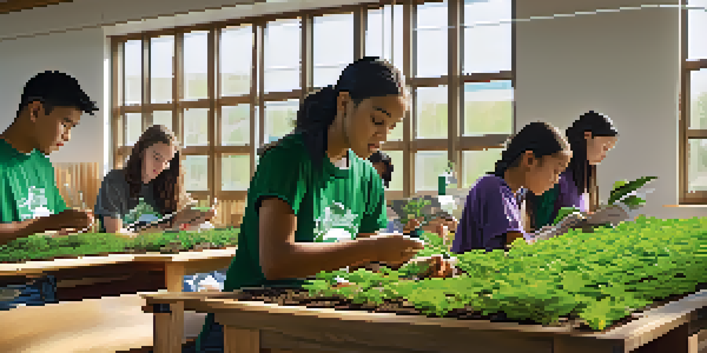 A lively classroom scene at Kansas State University with students studying plants and soil, surrounded by educational posters and natural light.