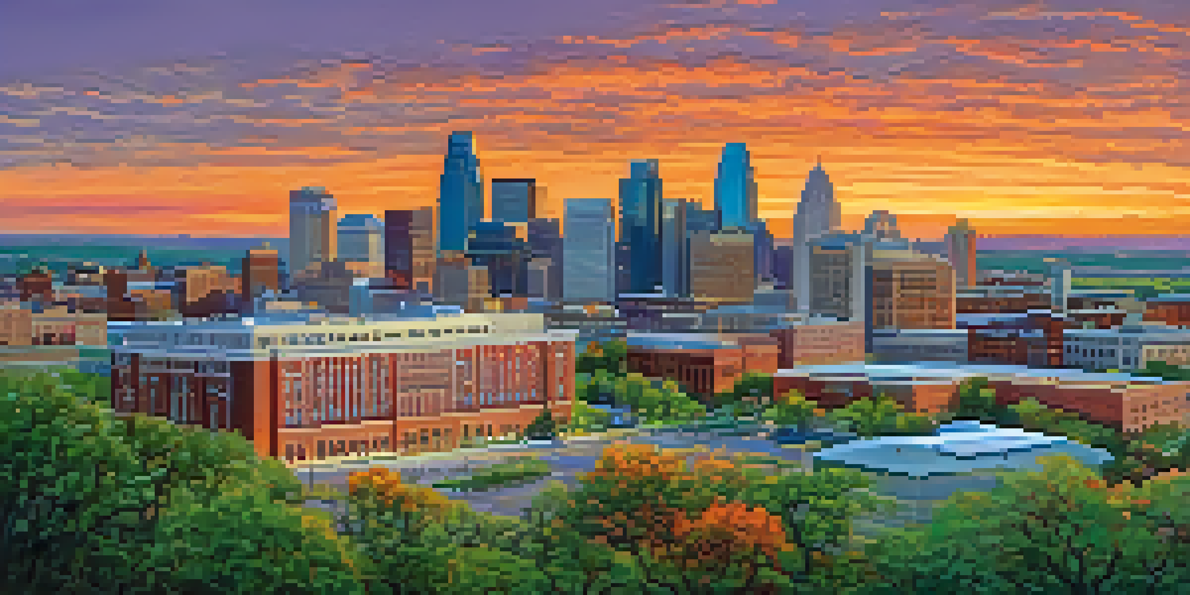 A sunset view of Kansas City's skyline featuring various healthcare facilities, with colorful skies and green trees in the foreground.