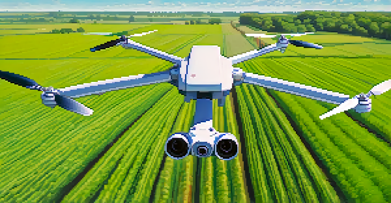 A drone flying over a green crop field in Kansas, capturing images of the crops with a clear blue sky above.