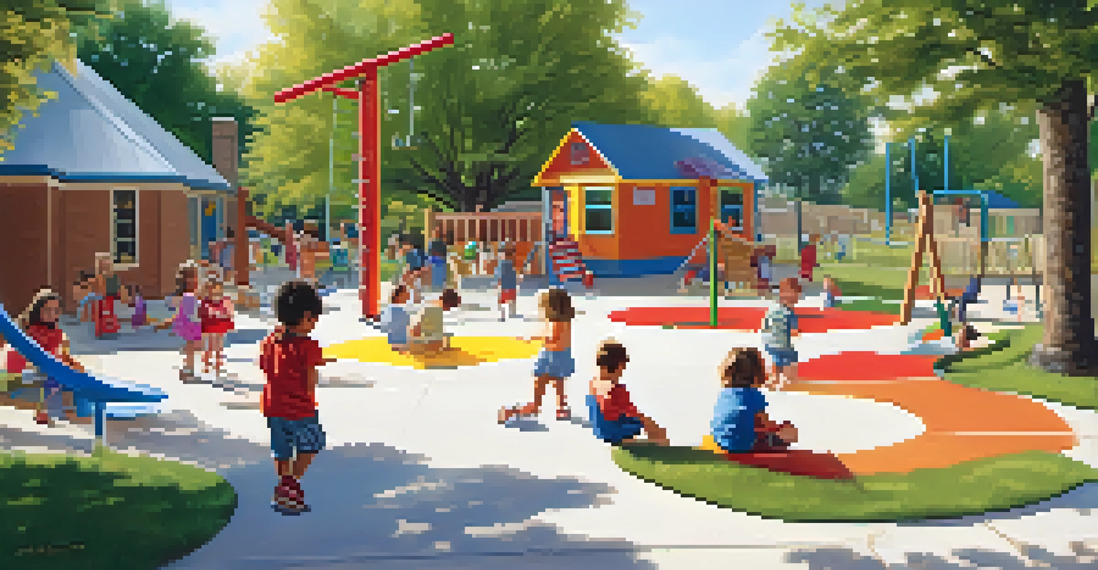 Children playing and learning in a colorful outdoor playground, surrounded by trees and educational stations, under a sunny sky.