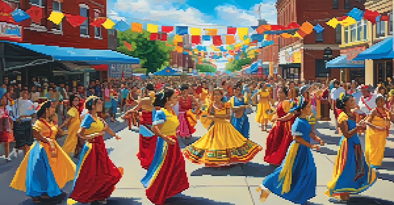 A colorful Kansas City Latino Festival scene with dancers, banners, and food stalls under a blue sky.