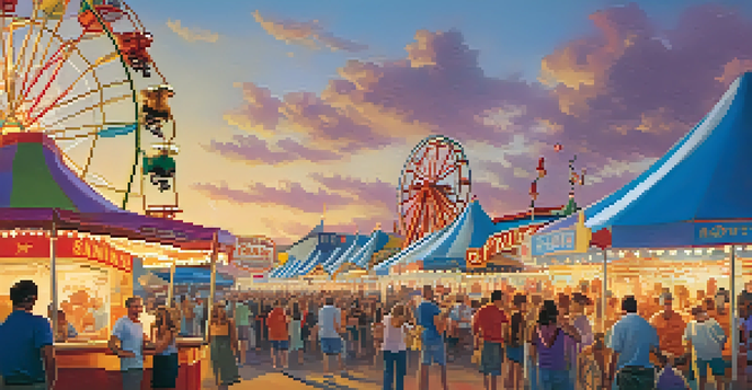 A lively Kansas State Fair scene with colorful rides and families enjoying food under a sunny sky.