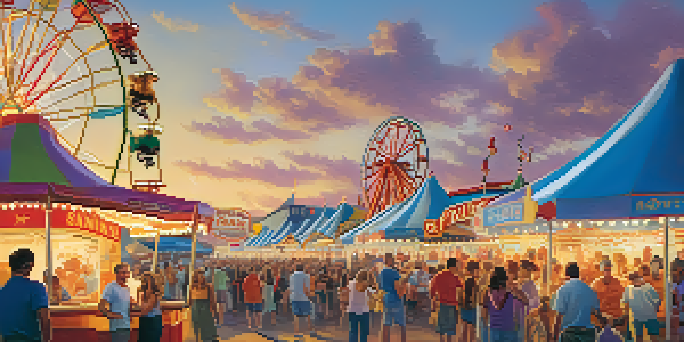 A lively Kansas State Fair scene with colorful rides and families enjoying food under a sunny sky.