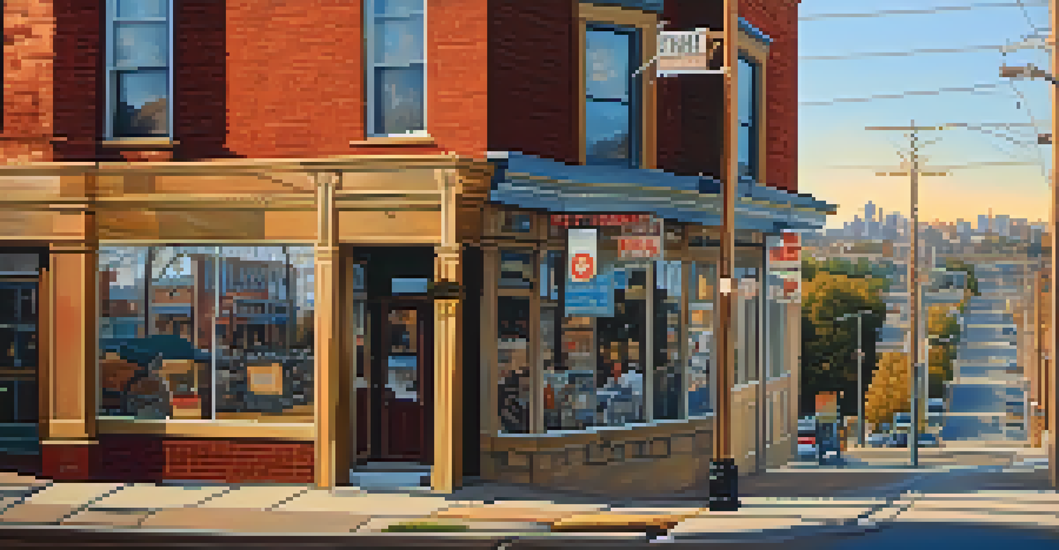 A charming Kansas City neighborhood displaying historical buildings, diverse restaurants, and vibrant street art during sunset.