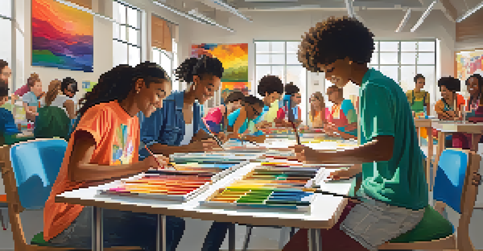 A diverse group of students in an art club, collaborating on colorful paintings with paintbrushes and palettes around them in a warm classroom.