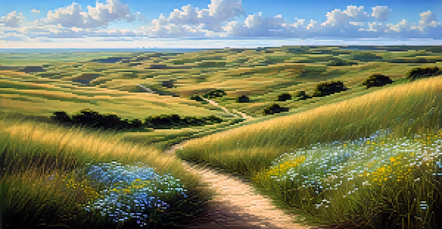 A view of the Flint Hills in Kansas, featuring rolling hills of tallgrass prairie, wildflowers, and a winding hiking trail under a blue sky.