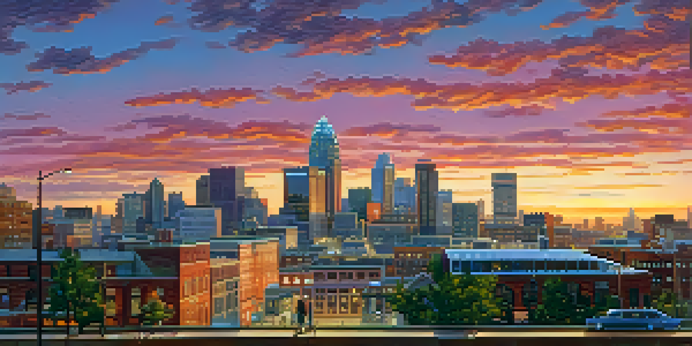 A colorful sunset over Kansas City's skyline with modern skyscrapers and historic buildings, bustling streets, and people enjoying the outdoors.