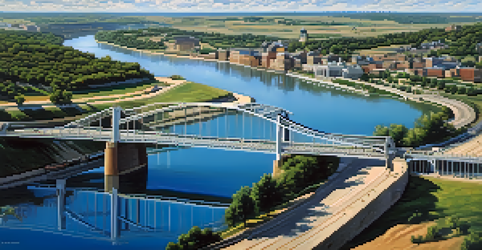 The Hannibal Bridge in Kansas City, with trains crossing and boats on the river, under a bright blue sky.