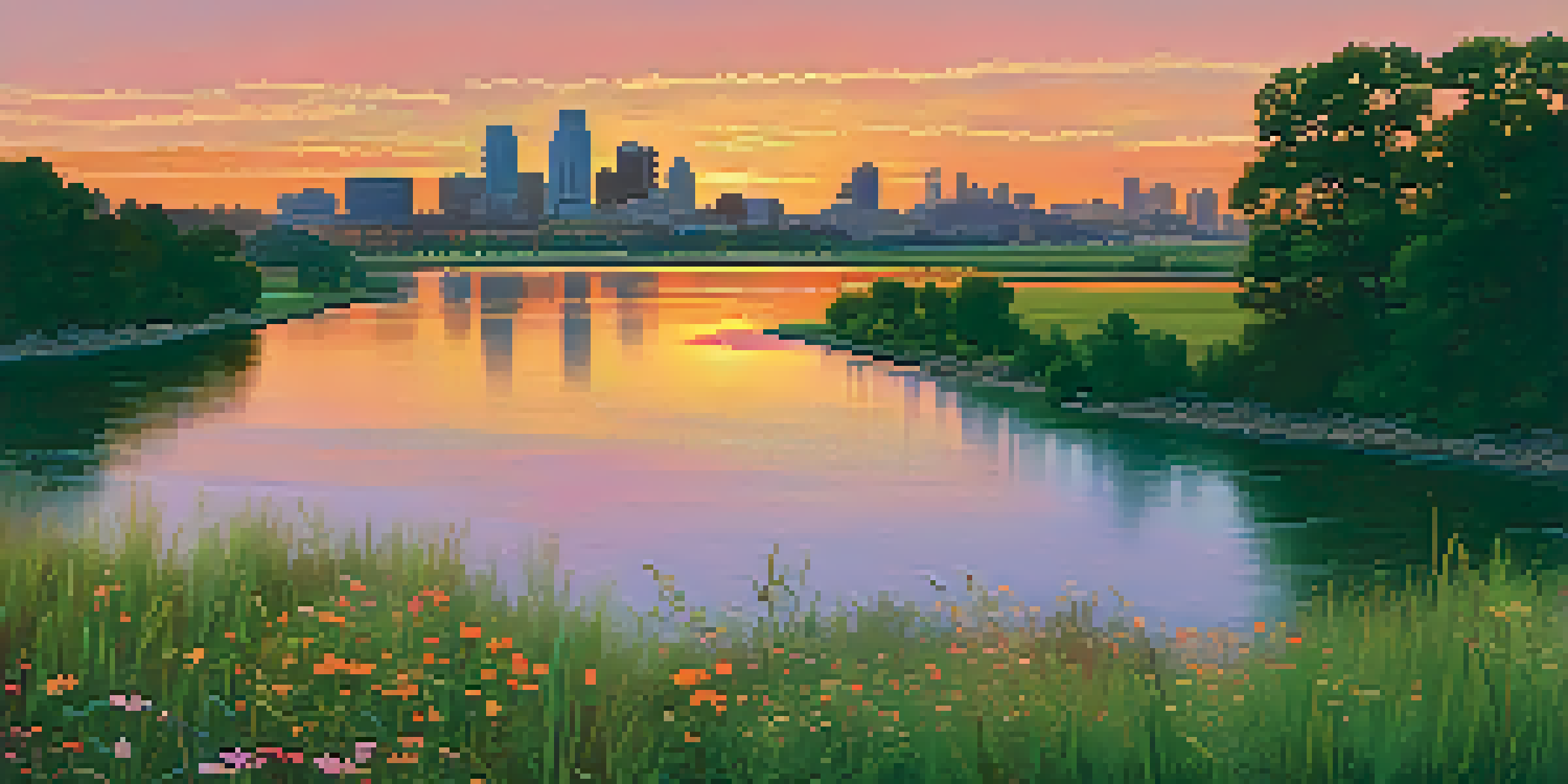 A scenic sunset view of the Missouri River with vibrant colors reflecting on the water and Kansas City's skyline in the background.