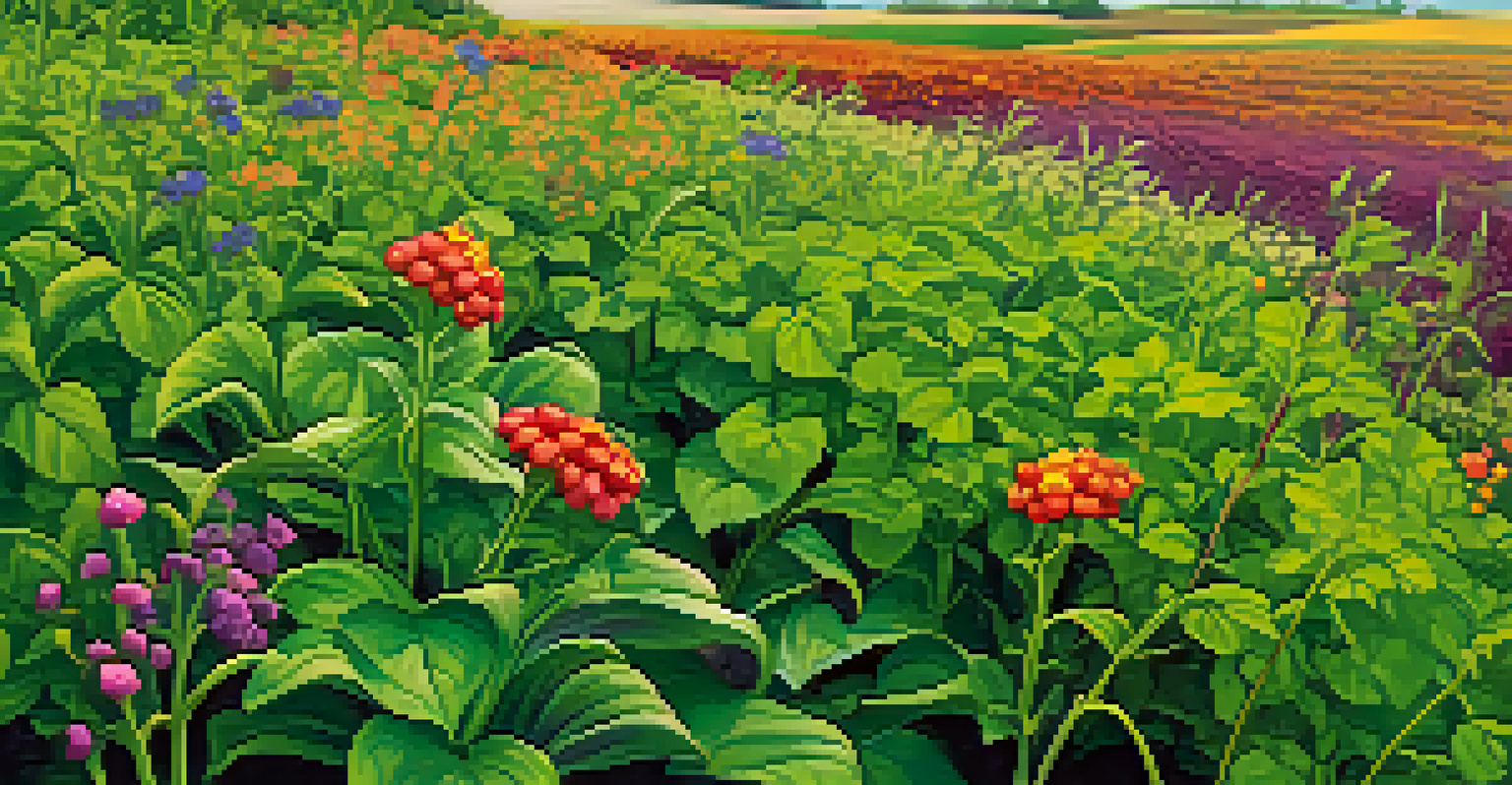 A close-up view of diverse cover crops in Kansas, showcasing healthy plants and beneficial insects in rich soil.