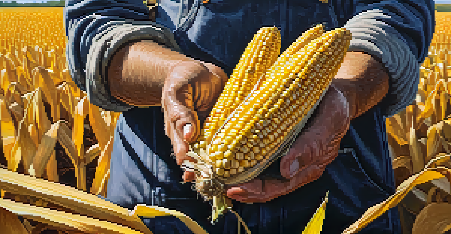 A farmer's hands holding freshly harvested corn cobs with bright yellow kernels.