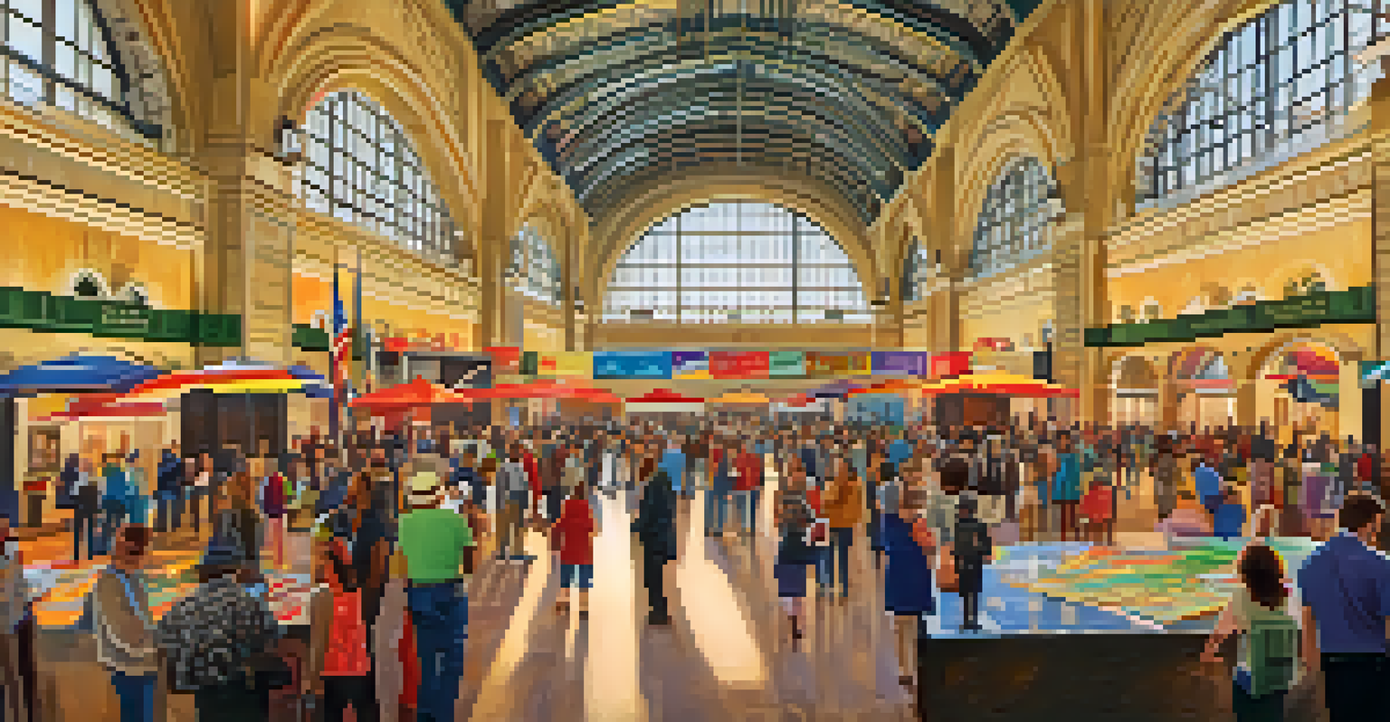 Cultural event at Kansas City Union Station with local artists and vibrant art installations, creating a festive and engaging atmosphere.